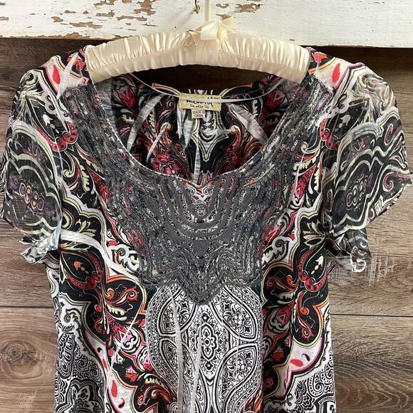 ONE WORLD Womens Sequined Trim  Flutter Sleeve Paisley Blouse Petite Small Boho - Picture 3 of 7